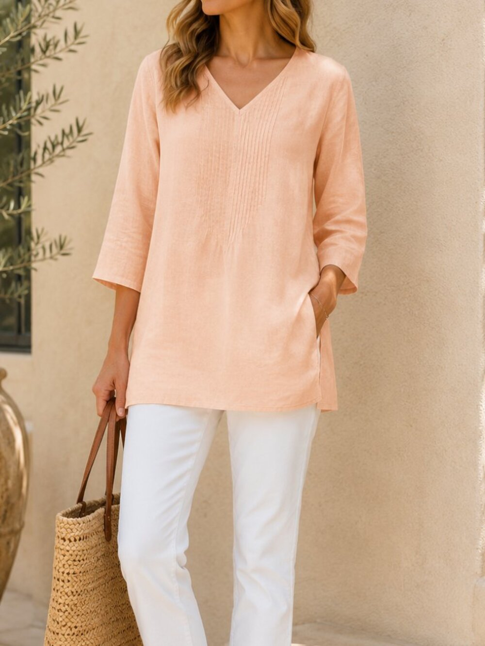 J. Jill Love Linen Pintuck V-Neck Tunic Top Peach Blossom Linen Size S